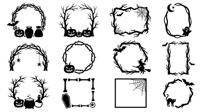 A collection of twelve black silhouette decorative frames and borders with Halloween motifs like pumpkins bats witches spiders and ghosts A collection of twelve black silhouette decorative
