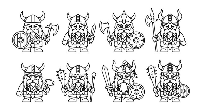 A collection of eight stylized black and white line drawings of cute cartoon Vikings each holding different weapons and shields ready for adventure illustration warrior medieval