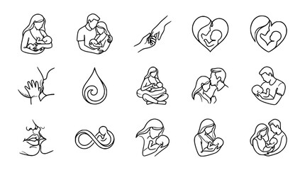 Obraz premium Motherhood and Infancy Line Art Icons: Breastfeeding, Family Love, Nurturing, and Connection