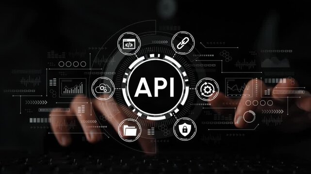 Modern Technology Concept with API Integration and Digital Data Visualization Featuring Hands on Keyboard Working on Software Development. Entropy.