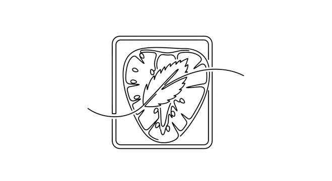 Minimalist strawberry slice with mint leaf icon, single line art, fresh fruit logo