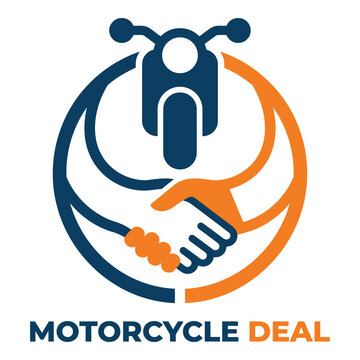 Motorcycle deal logo with handshake and bike icon on white background icon