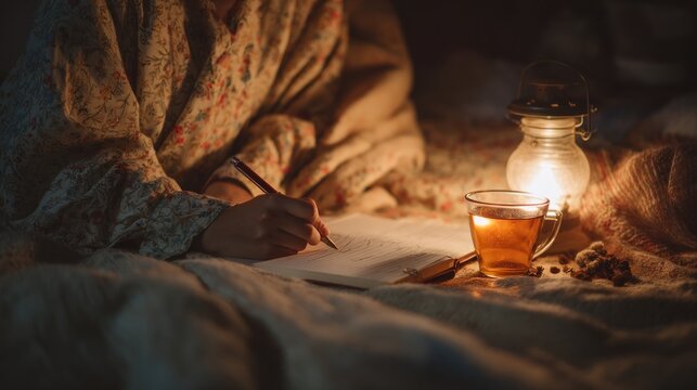 Woman writes in bed illuminated by lantern light, with a drink on a cold cozy night
