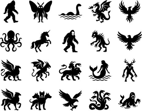 mythical creatures and fantasy monsters silhouette vector set
