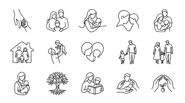 Family Line Art Icons: Diverse Moments of Love, Care, and Connection