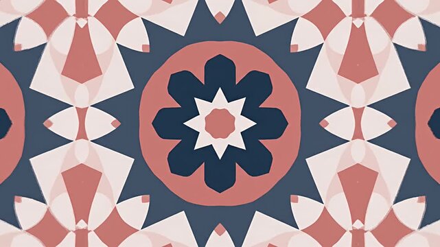 Geometric kaleidoscope pattern in pink and blue.