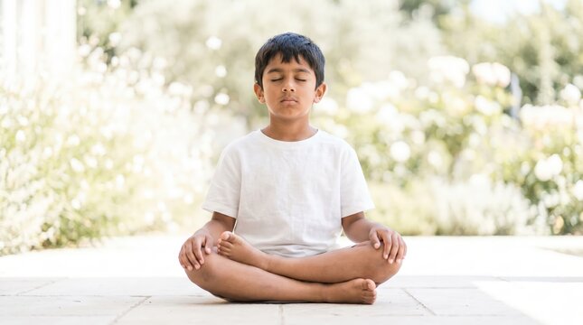 Indian boy meditating in lotus pose in a sunny garden. Child practicing yoga and mindfulness outdoors for mental health and wellness.
