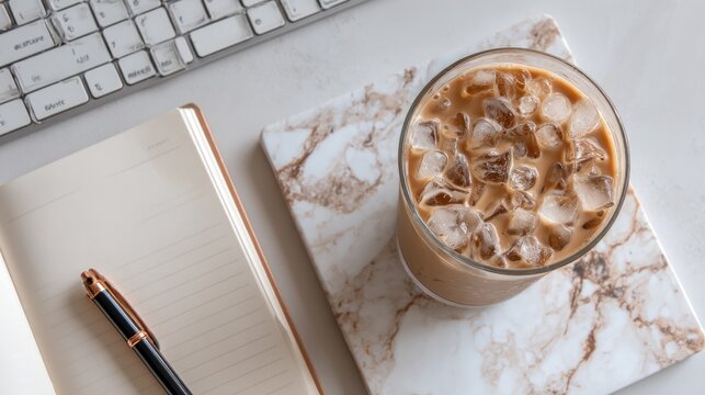 Iced coffee, journal, pen, keyboard on a marble surface in a bright, clean, workspace setup