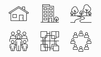 Fototapeta premium Set of Icons: Home, Office Building, Nature, Group, Network, Teamwork