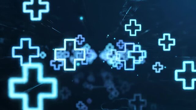 Glowing blue 3D medical crosses in digital tunnel