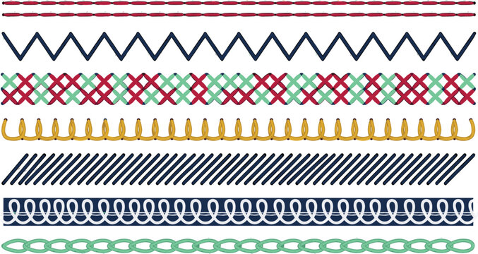 Seamless Sewing Stitches Vector Brush Set Featuring Embroidery Machine Borders Zigzag Lines and Cross Stitch Patterns for Fabric Craft Designs