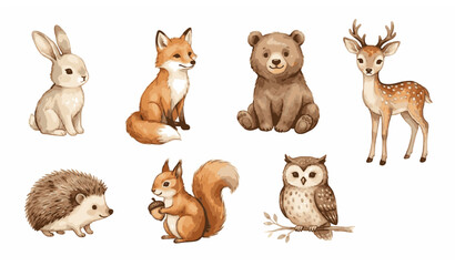 Fototapeta premium Watercolor animal vector collection with cute hand painted woodland creatures isolated on white background