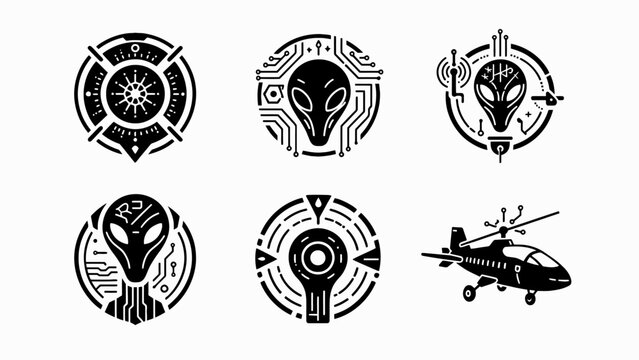 Alien Technology Icons: UFO, Alien Head, Cybernetic Symbols, Helicopter