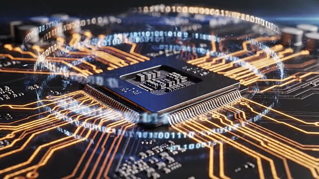Glowing CPU processor on motherboard with circuit traces.