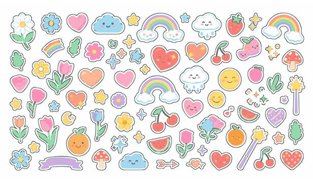 Kawaii sticker pack with flowers hearts stars and decorative elements isolated vector set