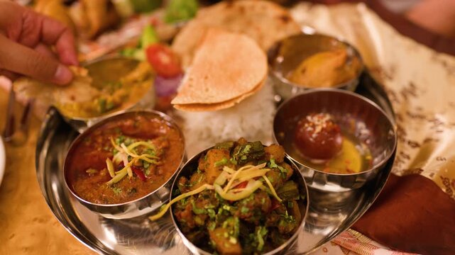 Close Up of Person Dipping Naan Bread into Indian Thali Curry