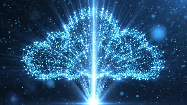Glowing digital cloud icon representing cloud computing technology.