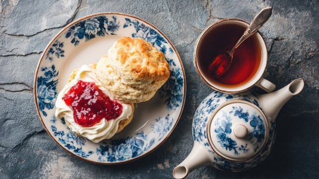 Overhead view of scones with jam, cream, tea, and a teapot on a slate background