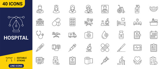 Hospital icon set. Outline icons featuring healthcare, medical care, doctor, patient, clinic, emergency, and treatment. Editable stroke. Full vector. © Tanjung Mulia