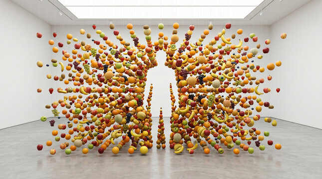 Surreal Blödsinn Cocktail Saft Früchte Surreal nonsense Surreal Silliness Sinnfreier Surrealismus Kunst aus Früchten. Surreal Floating Fruit Architecture