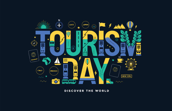 World tourism day typographic illustration featuring travel icons and landmarks for global exploration concept