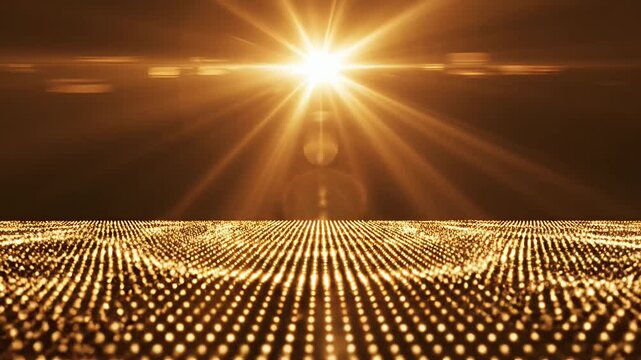 Golden light burst over glowing orange dot grid.