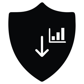 Black shield icon with a descending graph and an arrow pointing down for risk management.