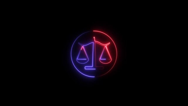 neon glowing justice icon animation on black background law legal balance and courtroom symbol 4k motion graphic