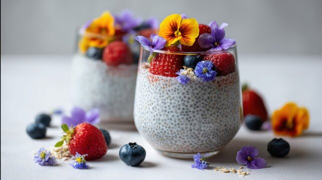 Two chia seed puddings topped with colorful berries and edible flowers in glass cups