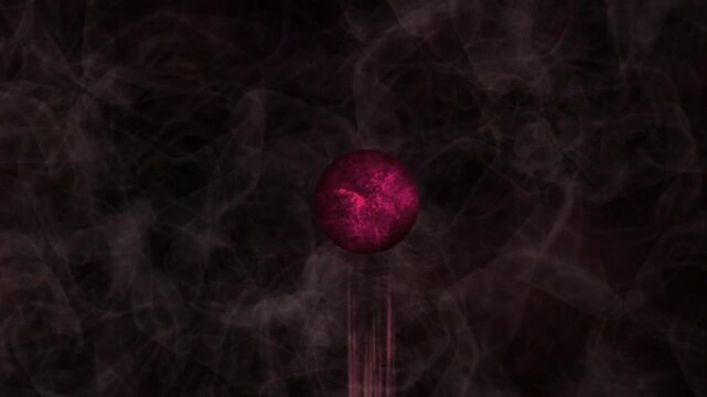 A dark mysterious scene with a glowing red orb surrounded by smoke