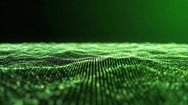 Green digital particle mesh waving on dark background.