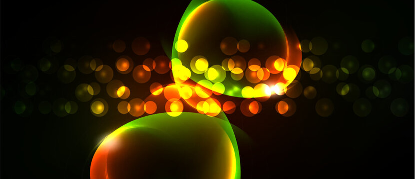 Bright glowing orbs dominate dark background. Green, orange hues create abstract visual effect. Bokeh adds depth, texture.