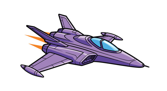 Sleek purple futuristic jet fighter or spaceship zooms through the air leaving a trail of orange engine flames behind it.