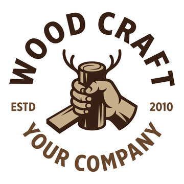 Wood craft company logo with hand holding log and text on white background icon