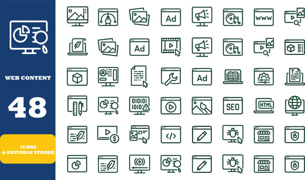 A set of forty-eight flat line icons representing various web content elements, featuring an editable stroke.