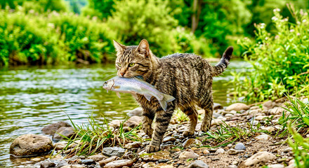 Obraz premium Tabby Cat Carrying Fresh Fish Beside River