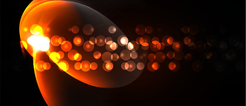 Bright orange glow emanates from left, fading into darkness. Numerous blurred circles create dynamic light effect. Abstract energy flow visible.
