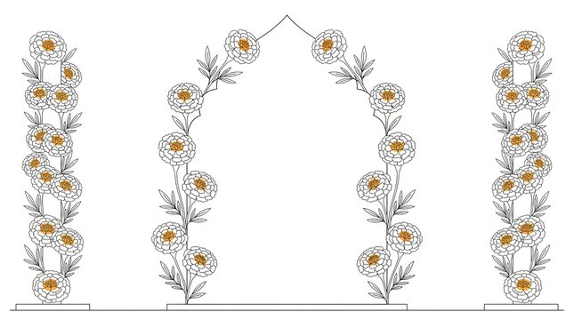 Line Art Marigold Wedding Name Board Saffron Punch Colour Temple Arch Design White Background
