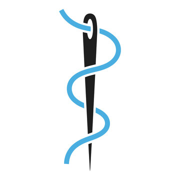 Black sewing needle with blue thread wrapped around it for sewing or embroidery icon