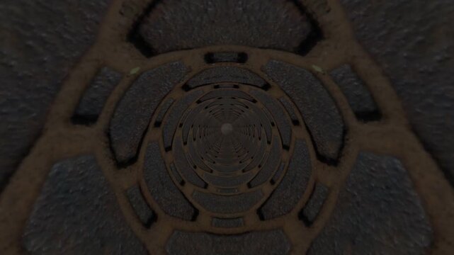 Closeup view of a rusty manhole cover on a dark textured surface