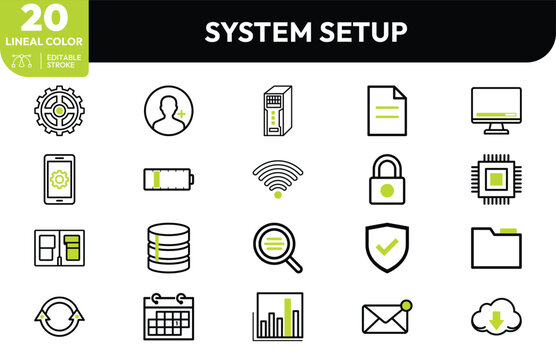 System Configuration Setup icon set. Containing gear mechanism, user avatar, server tower, document file, desktop monitor, mobile device, battery indicator. Editable stroke. Vector illustration.