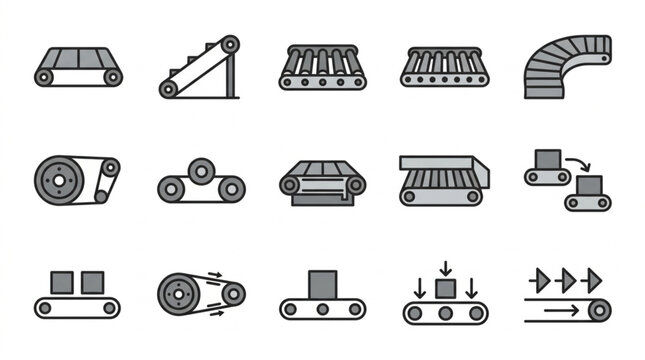 Industrial conveyor belt icons set for manufacturing and logistics.