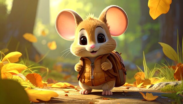 A cartoon mouse with a backpack standing on a forest path surrounded by autumn leaves.
