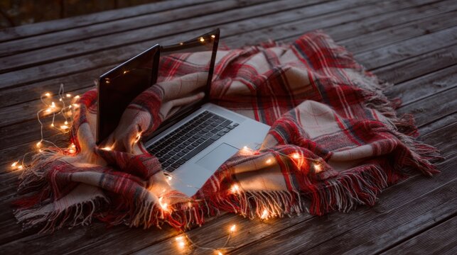 Laptop nestled on a plaid blanket, adorned with warm string lights, resting on a rustic wooden surface