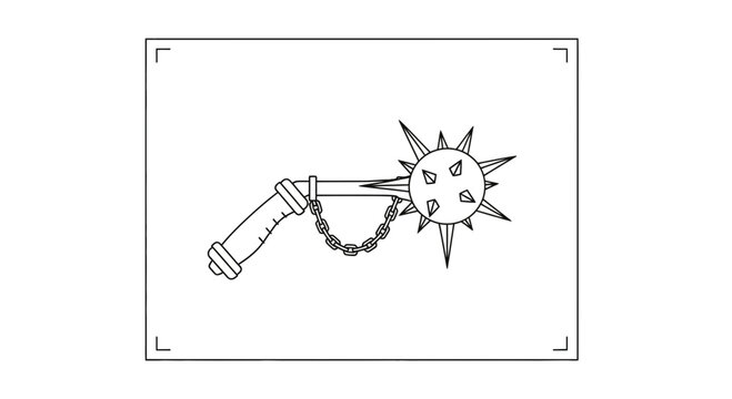 Flail weapon, medieval mace with spikes, historical weapon, black and white line drawing