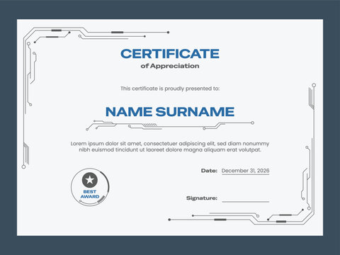 Modern certificate of appreciation template with tech circuit background