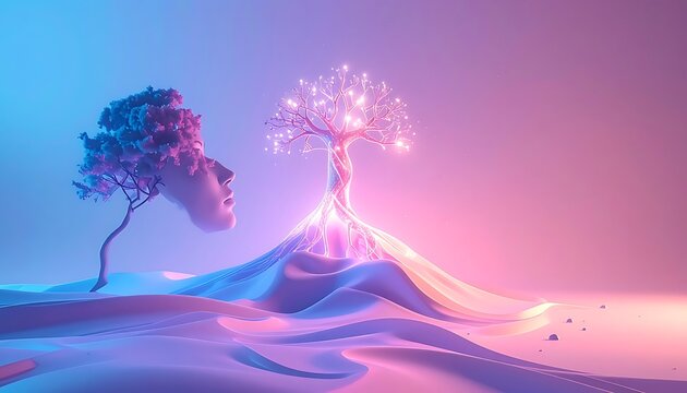 A surreal landscape with a tree and a human-like face