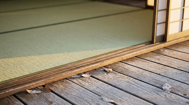 Low angle view of a traditional Japanese engawa veranda deck with fallen leaves looking into a peaceful green tatami mat room