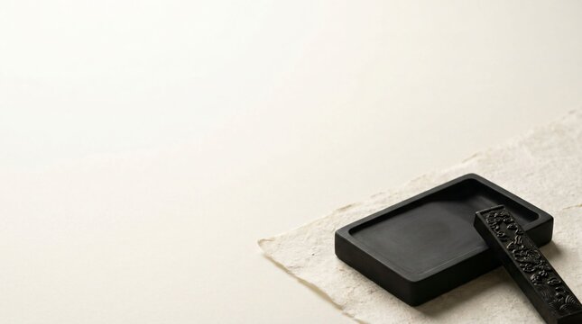 Minimalist corporate concept with a traditional black stone inkstone and carved inkstick resting on textured off-white washi paper