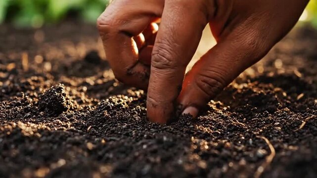 Careful hands planting small seed into rich dark soil, close up view of gardener fingers burying agriculture sprout in fertile ground, organic farming worker starting new life in a spring garden
